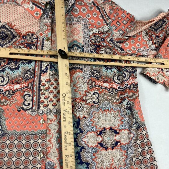 Chico’s Boho Patchwork Print Non-Iron Shirt 2 L Long Sleeve Work Button Down Top - Picture 7 of 10